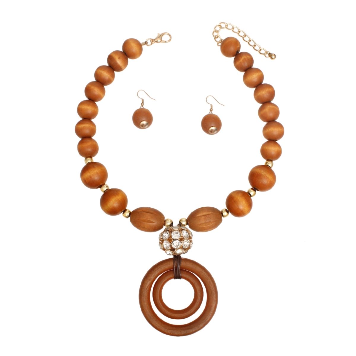 Pendant Brown Wooden Bead and Rings Necklace Set