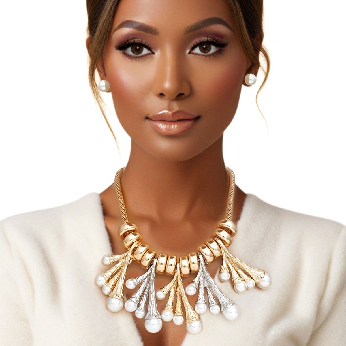 Collar Mixed Metal Branched Pearl Necklace Set