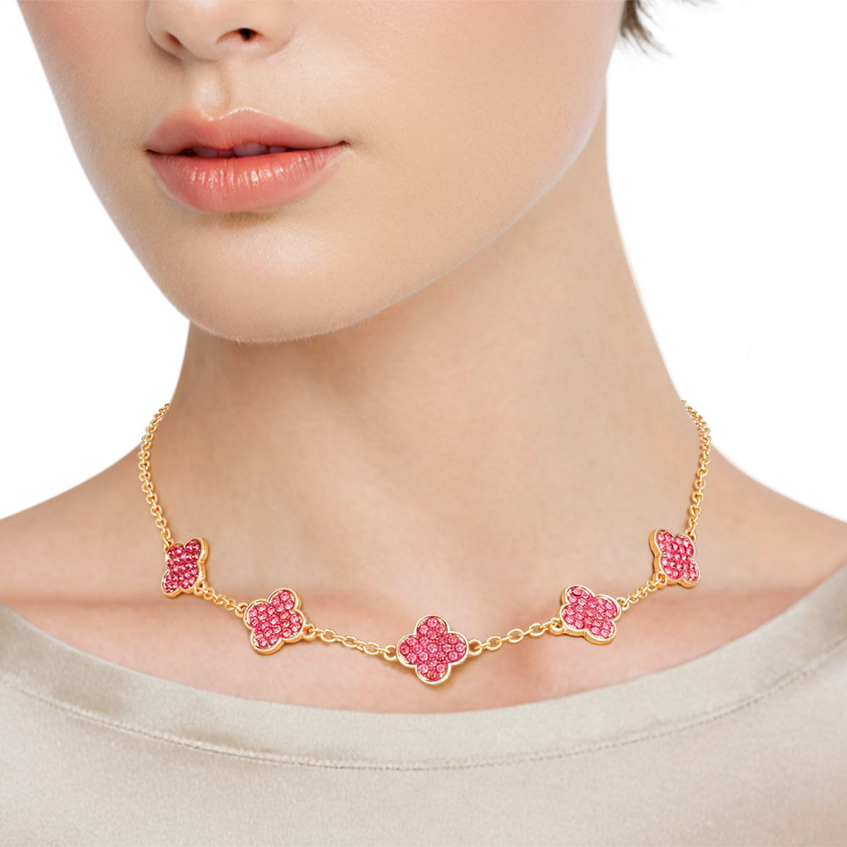 Necklace Gold Pink Rhinestone Quatrefoil Clovers