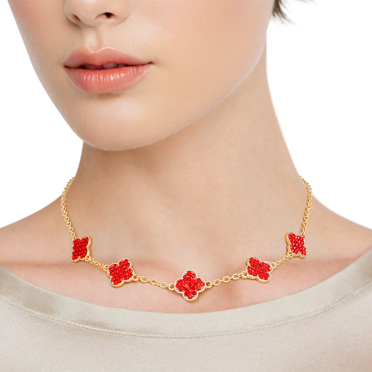 Necklace Gold Red Rhinestone Quatrefoil Clovers