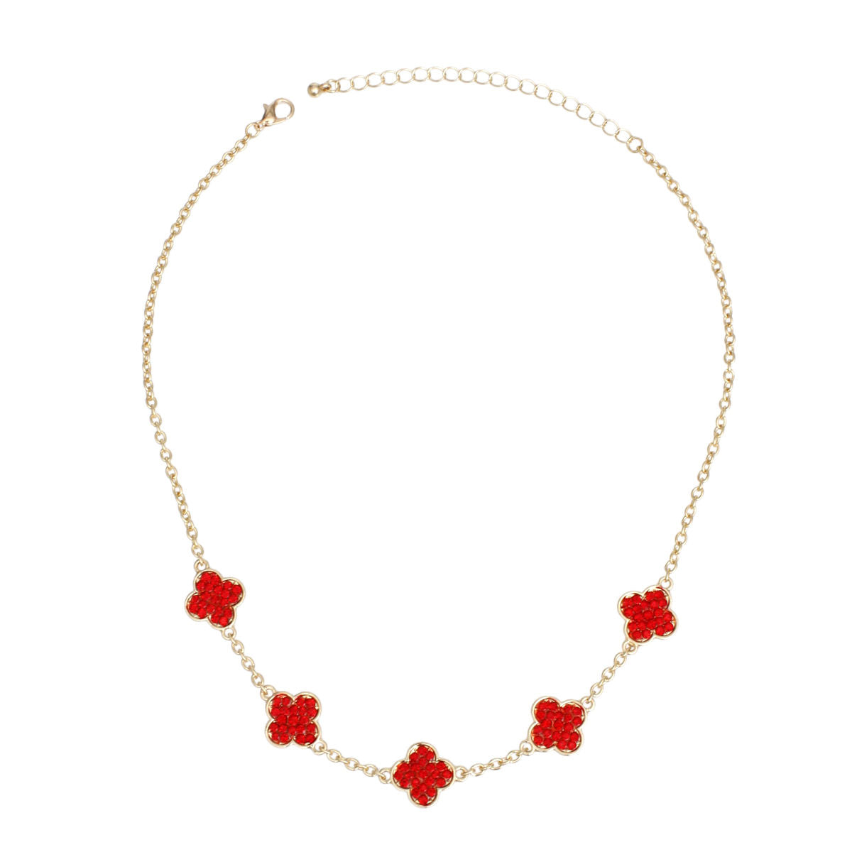 Necklace Gold Red Rhinestone Quatrefoil Clovers