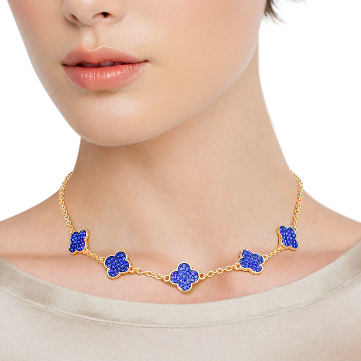 Necklace Gold Blue Rhinestone Quatrefoil Clovers