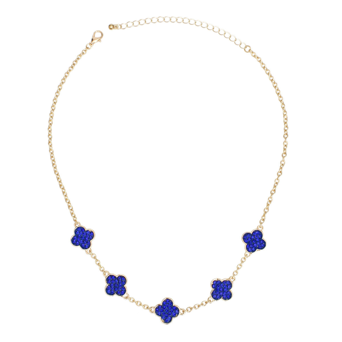 Necklace Gold Blue Rhinestone Quatrefoil Clovers