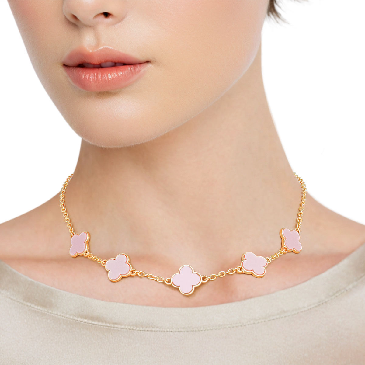 Necklace Gold Chain Pink Quatrefoil Clovers Women