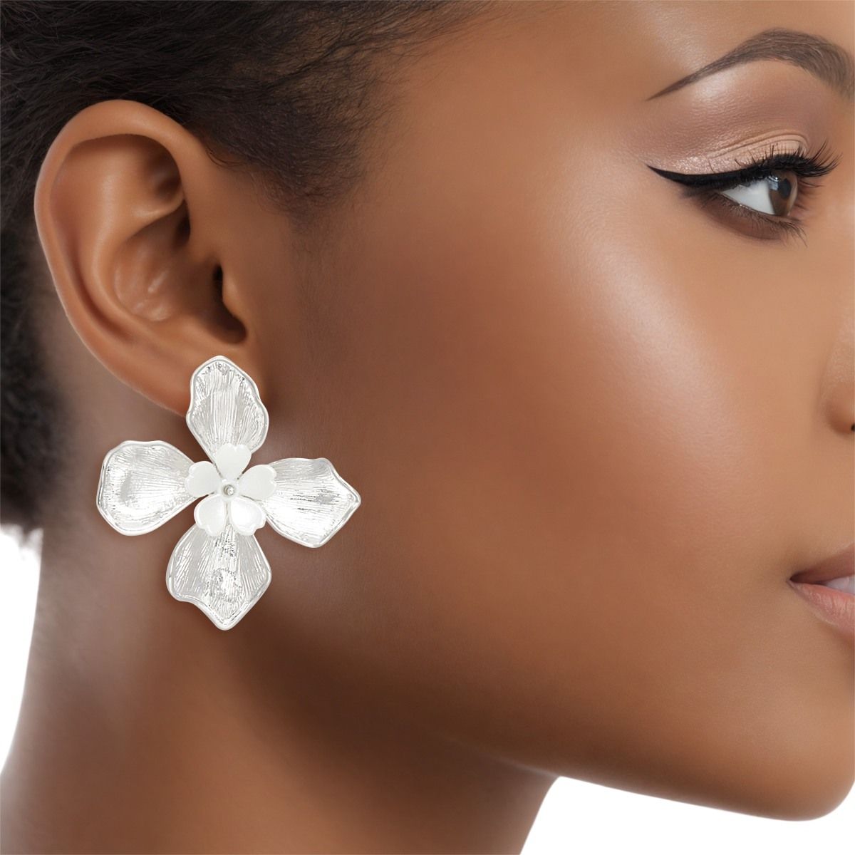 Studs Silver Pearl Layered Petal Flower Earrings