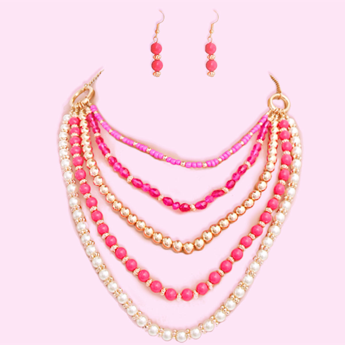 Fuchia Beads Pearl Necklace Set