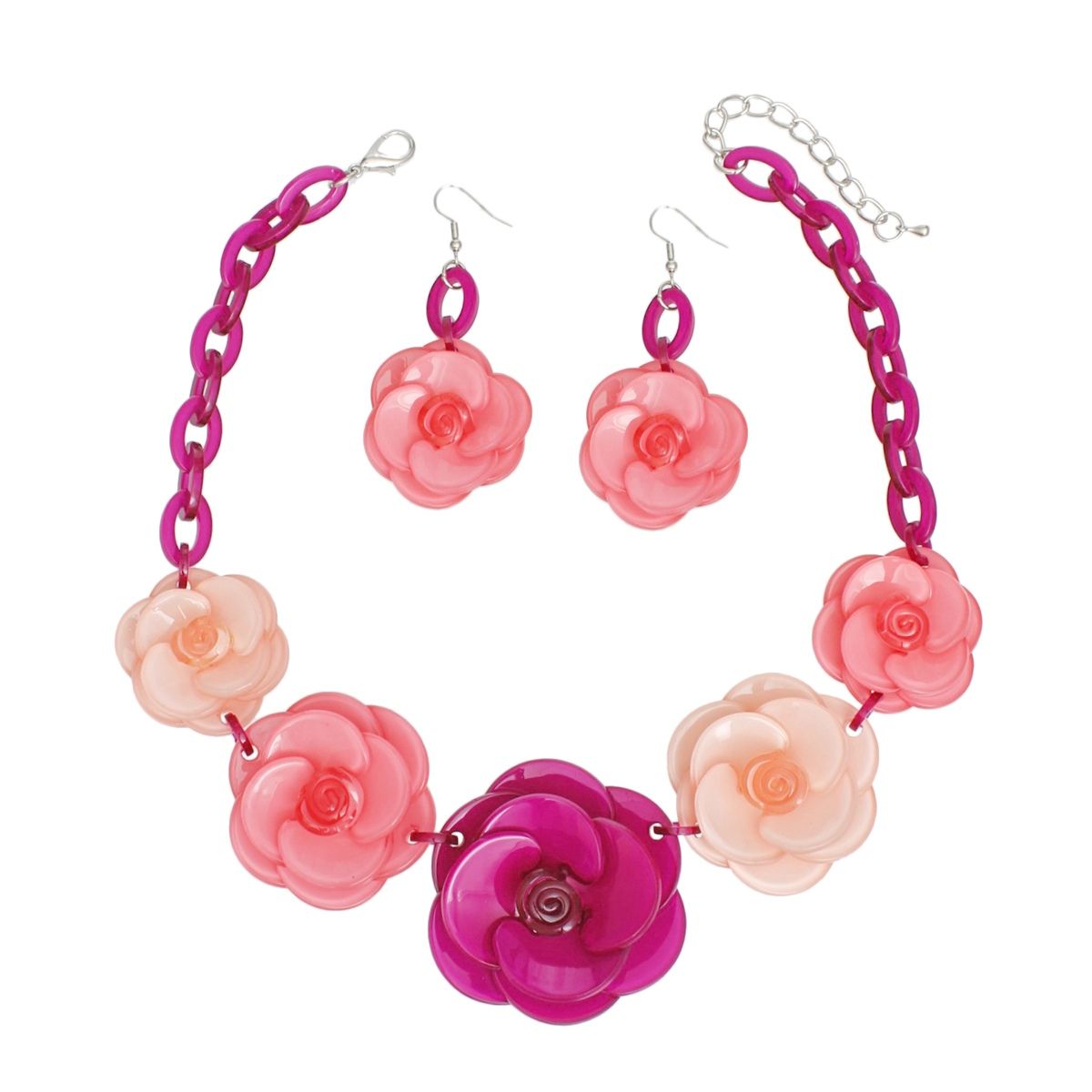 Collar Fuchsia Chunky 3D Flower Link Necklace Set