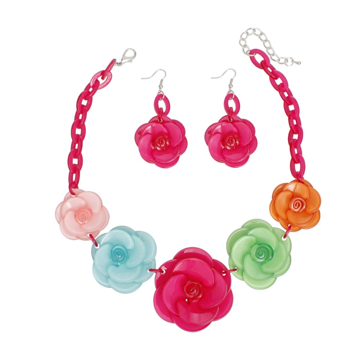 Collar Pink Chunky 3D Flower Link Necklace Set