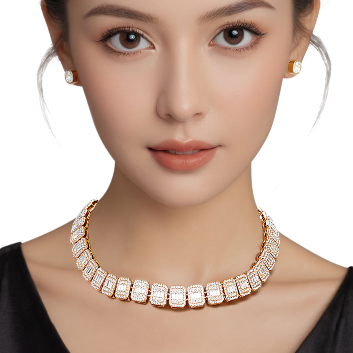 Chain Gold Square Halo Baguette Iced Necklace Set