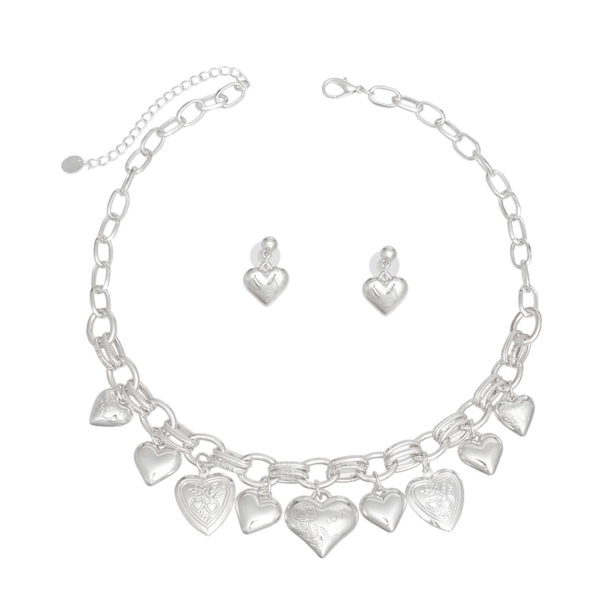 Charm Necklace Silver Puffy Heart Chain Set Women