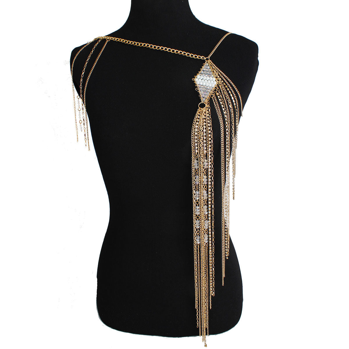 Gold Clear and White Bead One Shoulder Body Chain